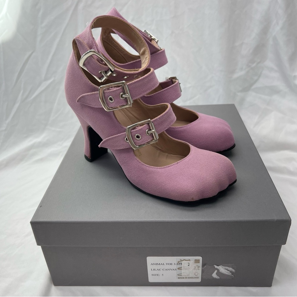 Vivienne Westwood Animal Toe 3-Strap Buckle Heels Lilac Canvas UK 5